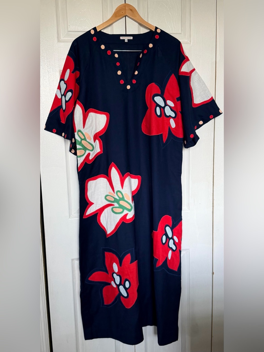 Frances Valentine Floral Appliqué Caftan Navy Red Cotton Size M